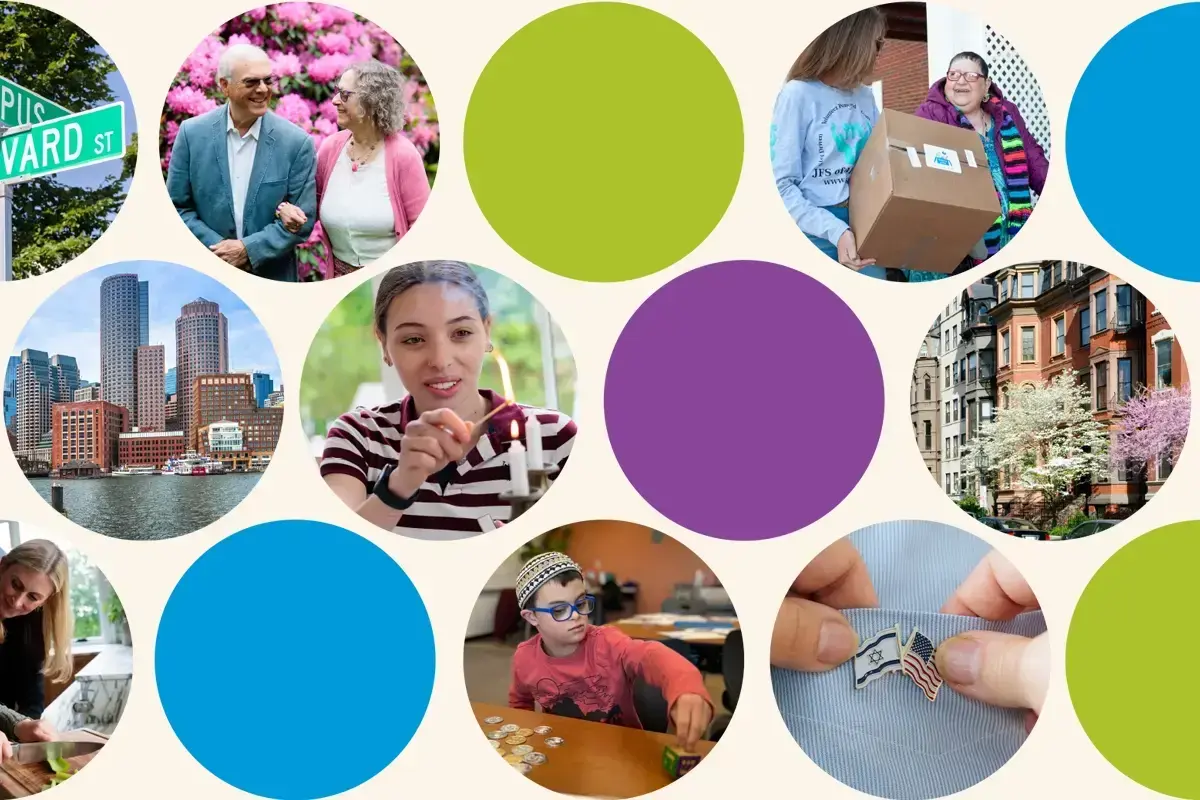 Colorful graphic with images of community members highlighting data from Combined Jewish Philanthropies about the Greater Boston Jewish community.
